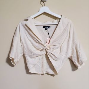 NEW Missguided Collared Plunge Twist Front Crop Top in Cream Color Sz US 10